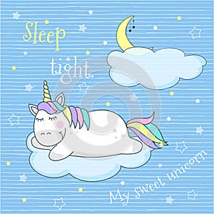 Vector illustration of a cute little unicorn sleeping on a cloud, children`s cartoon style picture