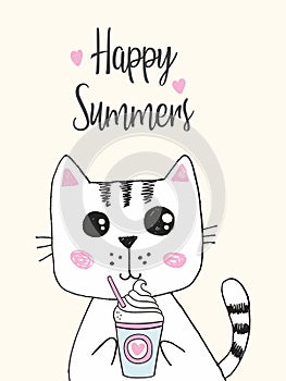Vector illustration of cute little white kitten drinking cocktail in his hands, cartoon hand drawn cat, card with lettering happy