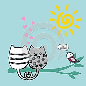 Vector illustration of cute loving cats sitting on green bamboo tree.