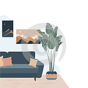 Vector illustration cute minimalistic interior.Blue sofa with pillows.Home plants and decorative elements