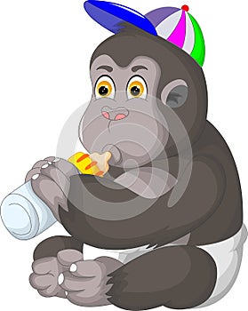 Cute monkey cartoon sitting with drink milk
