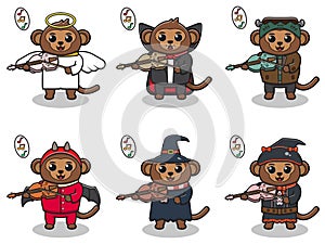 Vector illustration of cute Monkey with Halloween costume playing Violin.