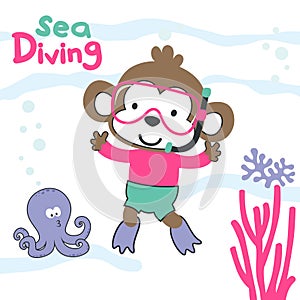Vector illustration of cute monkey in snorkel mask diving in the sea.