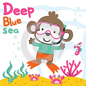 Vector illustration of cute monkey in snorkel mask diving in the sea. Can be used for t-shirt print, Creative vector childish