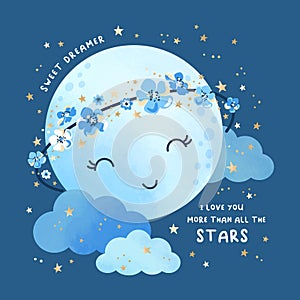 Vector illustration with cute moon in floral wreath, clouds and gold stars. Night sky blue background