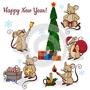 Vector illustration of cute mouse character ringing the bell. Vector cartoon stock illustration.Winter holiday, Christmas eve