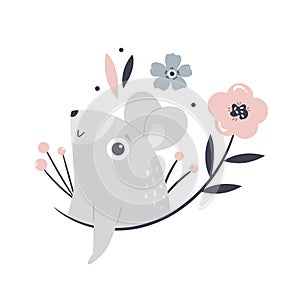 Vector illustration of a cute mouse and floral elements