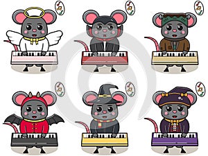 Vector illustration of cute Mouse with Halloween costume playing Keyboard.