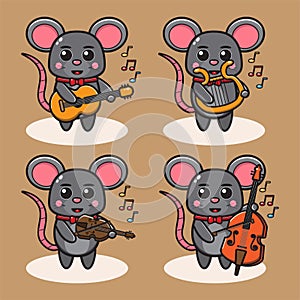 Vector illustration of cute Mouse Play Music cartoon.
