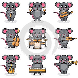 Vector Illustration of Cute Mouse playing music instruments.