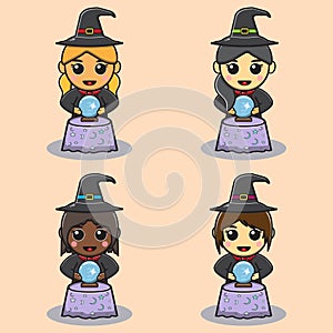 Vector illustration of cute mystical girls with Magic Crystal Ball.