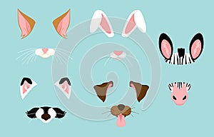 Vector illustration of cute and nice animal ears and nose masks for selfies, pictures and video effect. Funny animals