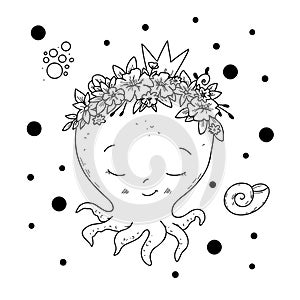 Vector illustration of a cute octopus in hand-draw doodle style.