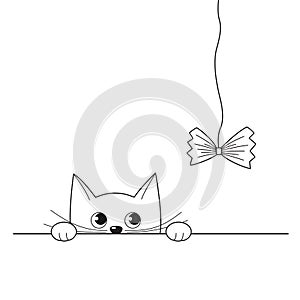 Vector illustration of cute peeking kitten playing with a cat toy