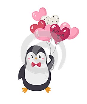 Vector illustration of a cute penguin holding a balloons for Valentine's Day