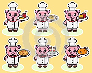 Vector illustration of cute Pig Chef cartoon with Food.