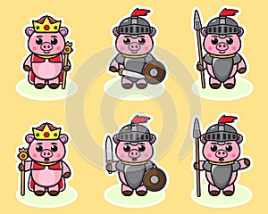 Vector illustration of cute Pig King and Knight cartoon.