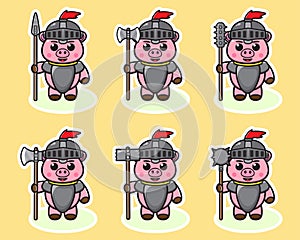 Vector illustration of cute Pig Knight cartoon with big weapon