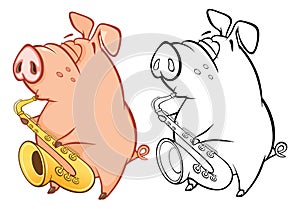 Vector Illustration of a Cute Pig Musician. Coloring Book Cartoon Character