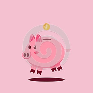 vector illustration of cute piggy bank saving money with falling coins