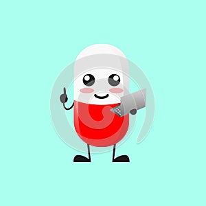 Vector illustration of Cute Pill medical mascot or character holding laptop. Cute Pill medical character concept