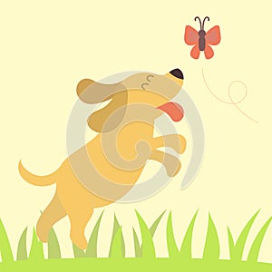 Vector illustration cute playing dog character funny purebred puppy comic happy mammal breed