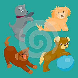 Vector illustration cute playing dogs characters funny purebred puppy comic happy mammal breed