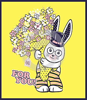 Vector illustration of cute rabbit with cylinder hat, big bouquet of spring flowers and lettering - for you.