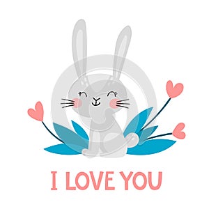 Vector illustration with cute rabbit in flowers and lettering