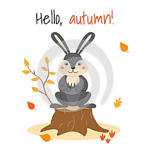Vector illustration with a cute rabbit on a stump and autumn leaves in cartoon style. Forest animals and plants. Hello, autumn
