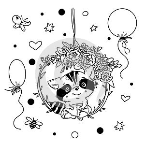 Vector illustration of a cute raccoon in hand-draw doodle style.