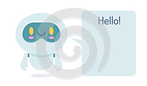Vector illustration of a cute robot with a speech bubble. Vector icon for chatbot with message in flat style
