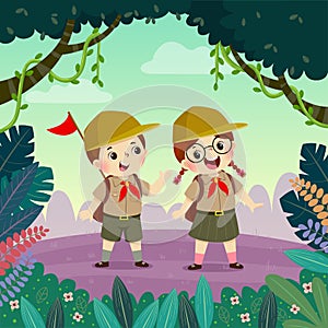Cute scout boy and scout girl hiking in the forest. Children have summer outdoor adventure photo