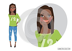 Vector illustration of a cute shy black african american girl