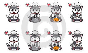 Vector Illustration of Cute sitting Wolf cartoon with Chef costume.