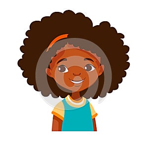 Vector illustration cute smiling African American girl in blue shirt dress with hair band. Elementary school student education