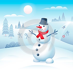 Vector Illustration of a cute snowman in scarf and bucket hat on winter landscape