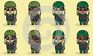 Vector illustration of Cute Soldier cartoon Salute pose and holding gun