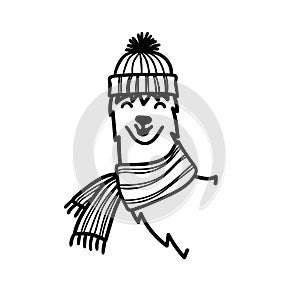 Vector illustration of cute character south America lama in winter hat and scarf. Isolated outline cartoon baby llama. Hand drawn