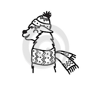 Vector illustration of cute character south America lama in winter hat and scarf. Isolated outline cartoon baby llama. Hand drawn