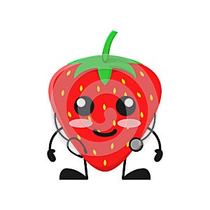 Vector illustration of cute strawberry fruit medical or character with stethoscope. cute strawberry fruit Concept White Isolated.