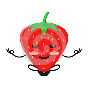 Vector illustration of cute strawberry fruit meditation or character yoga pose. cute strawberry fruit Concept White Isolated. Flat