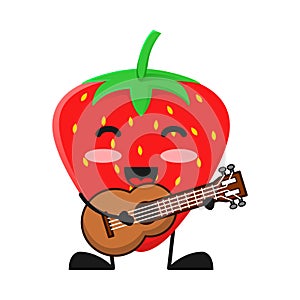 Vector illustration of cute strawberry fruit music or character playing guitar. cute strawberry fruit Concept White Isolated. Flat