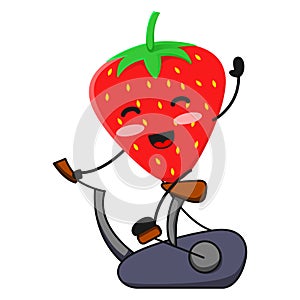 Vector illustration of cute strawberry fruit sport or character with static bike. cute strawberry fruit Concept White Isolated.