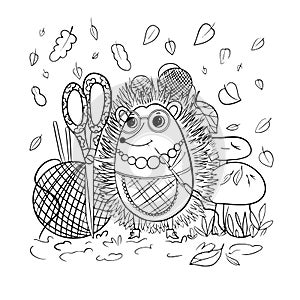 Vector illustration of a cute tailor hedgehog on a white background. Coloring book for children