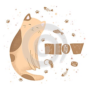 Vector illustration with cute textured cartoon cat and hand drawn lettering Meow isolated on white background. Design for t-shirt