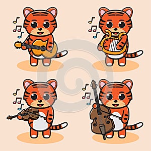 Vector illustration of cute Tiger Play music instrument cartoon.