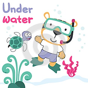 Vector illustration of cute tiger in snorkel mask diving in the sea. Can be used for t-shirt print, Creative vector childish