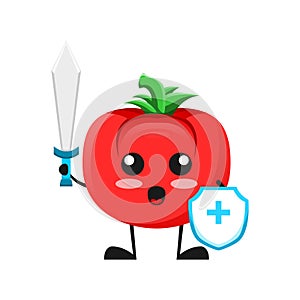 Vector illustration of cute tomato mascot or character fighting with sword and shield. cute tomato Concept White Isolated. Flat