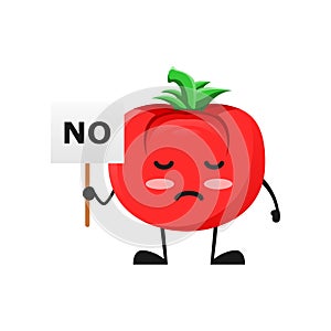 Vector illustration of cute tomato mascot or character holding sign say no. cute tomato Concept White Isolated. Flat Cartoon Style